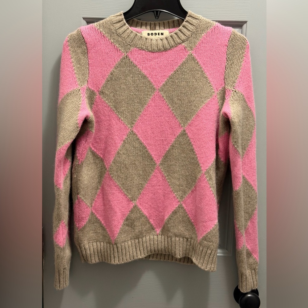 BODEN Argyle Crewneck Sweater, Pink & Gray/, Wool/Cotton/Alpaca Blend Small